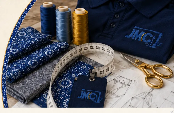 JMC tailoring tools, shweshwe fabric, thread, measuring tape and branded garment