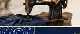 vintage sewing machine and navy fabric
