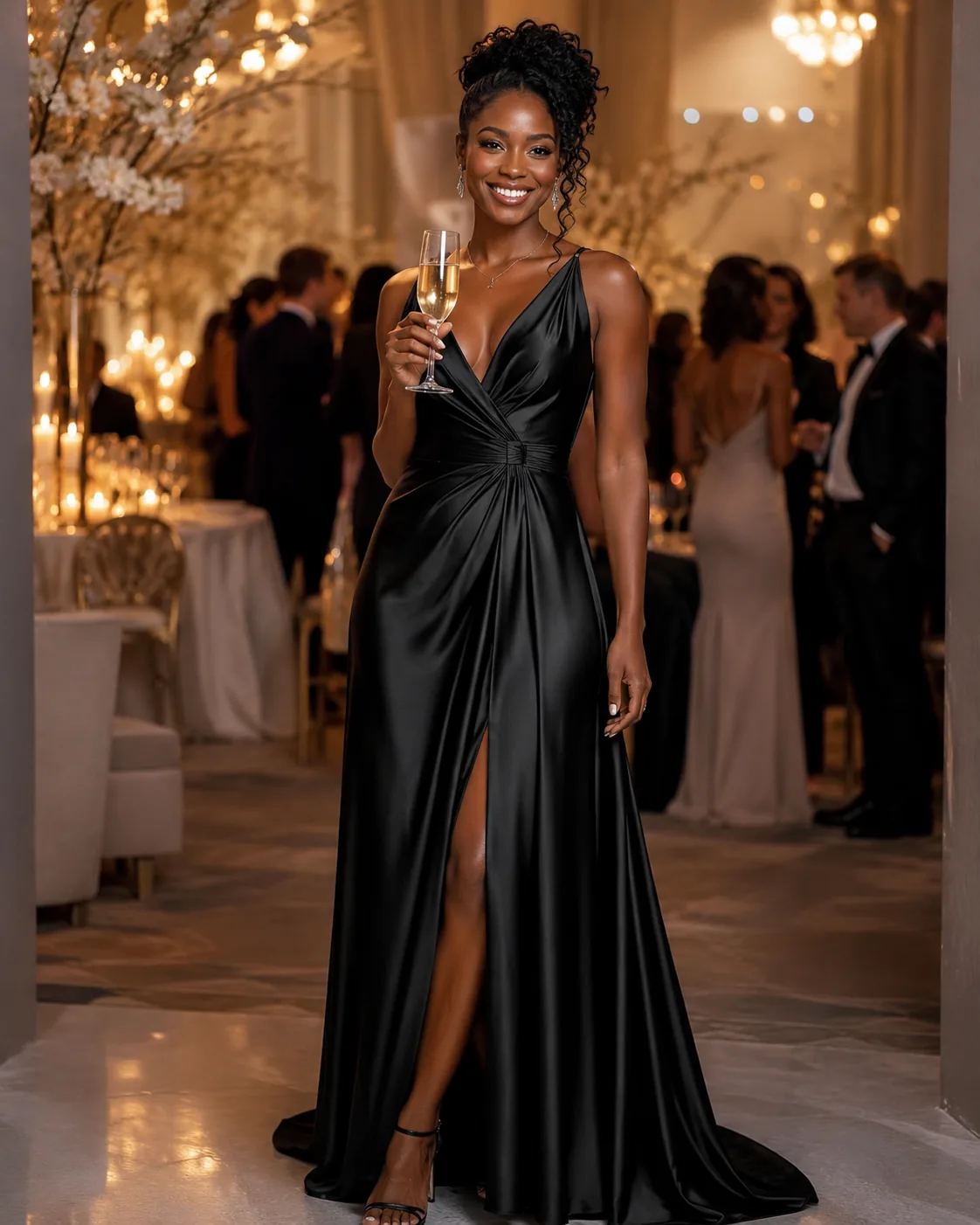 Black satin gown at a glowing ballroom celebration