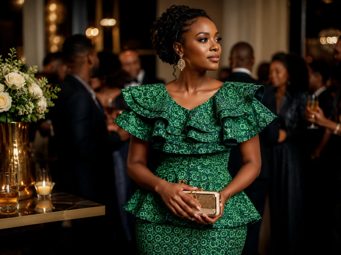 Emerald ruffle dress at an elegant cocktail party
