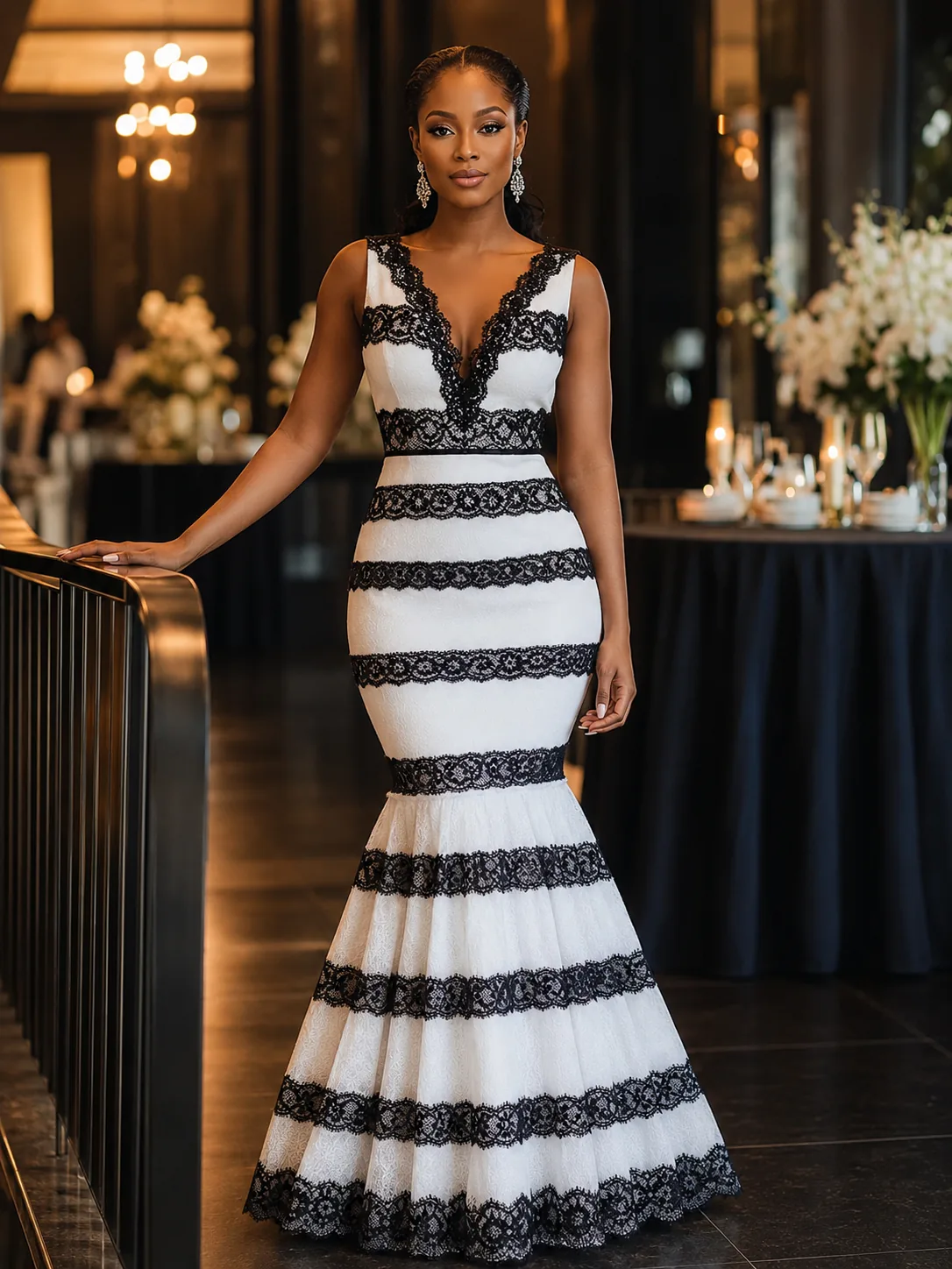 Black and white custom evening gown in opulent surroundings