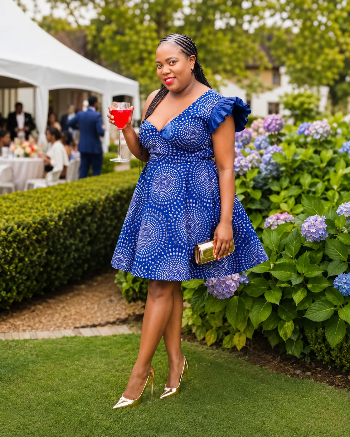 Blue custom party dress at an outdoor garden event