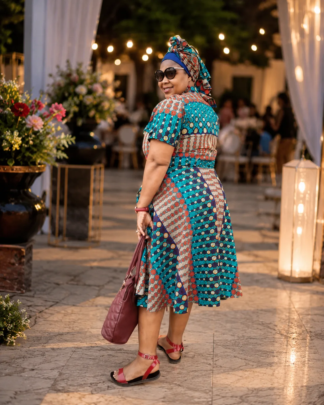 Custom teal patterned dress at an evening garden party