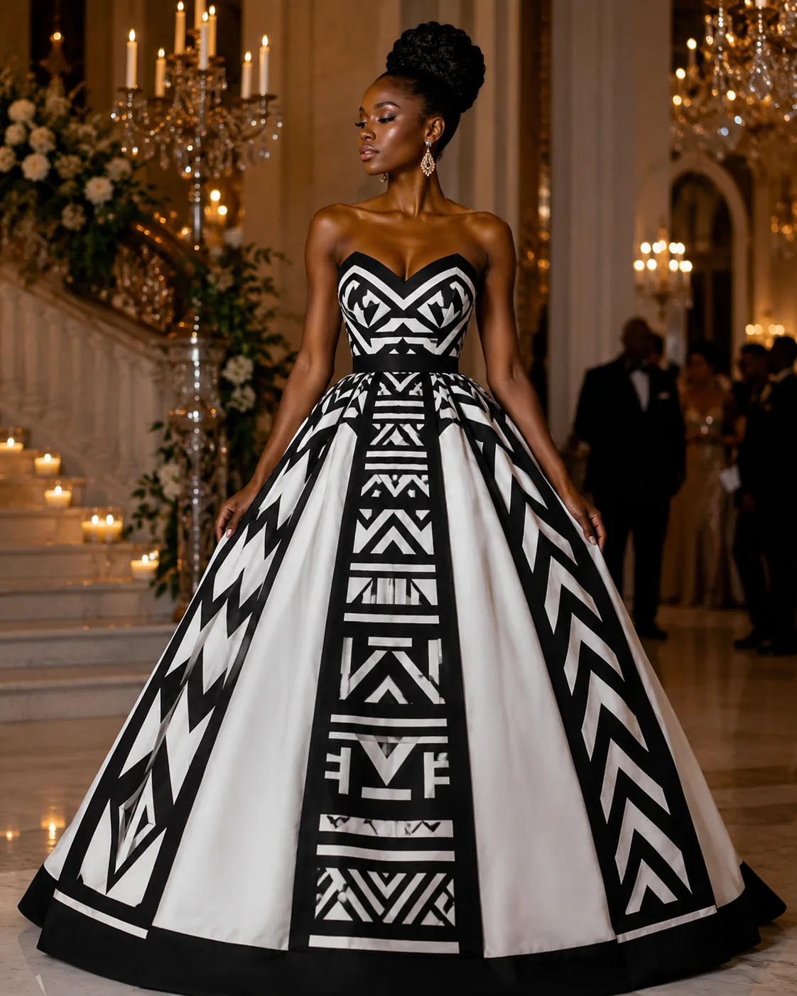 Black and white geometric ballgown in an opulent ballroom