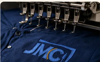 JMC embroidered logo being stitched on navy fabric