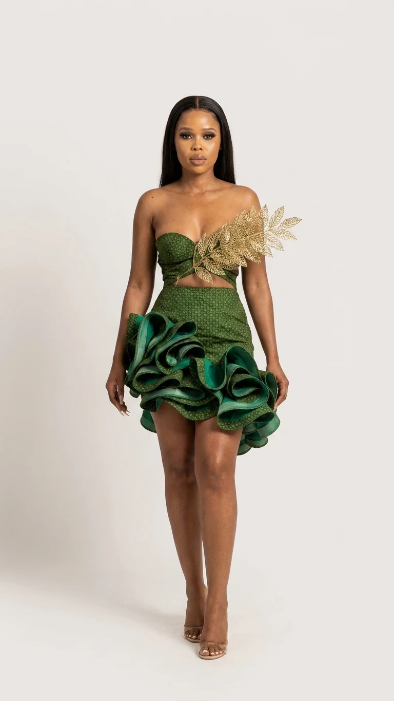 Custom emerald ruffled mini with gold leaf detail