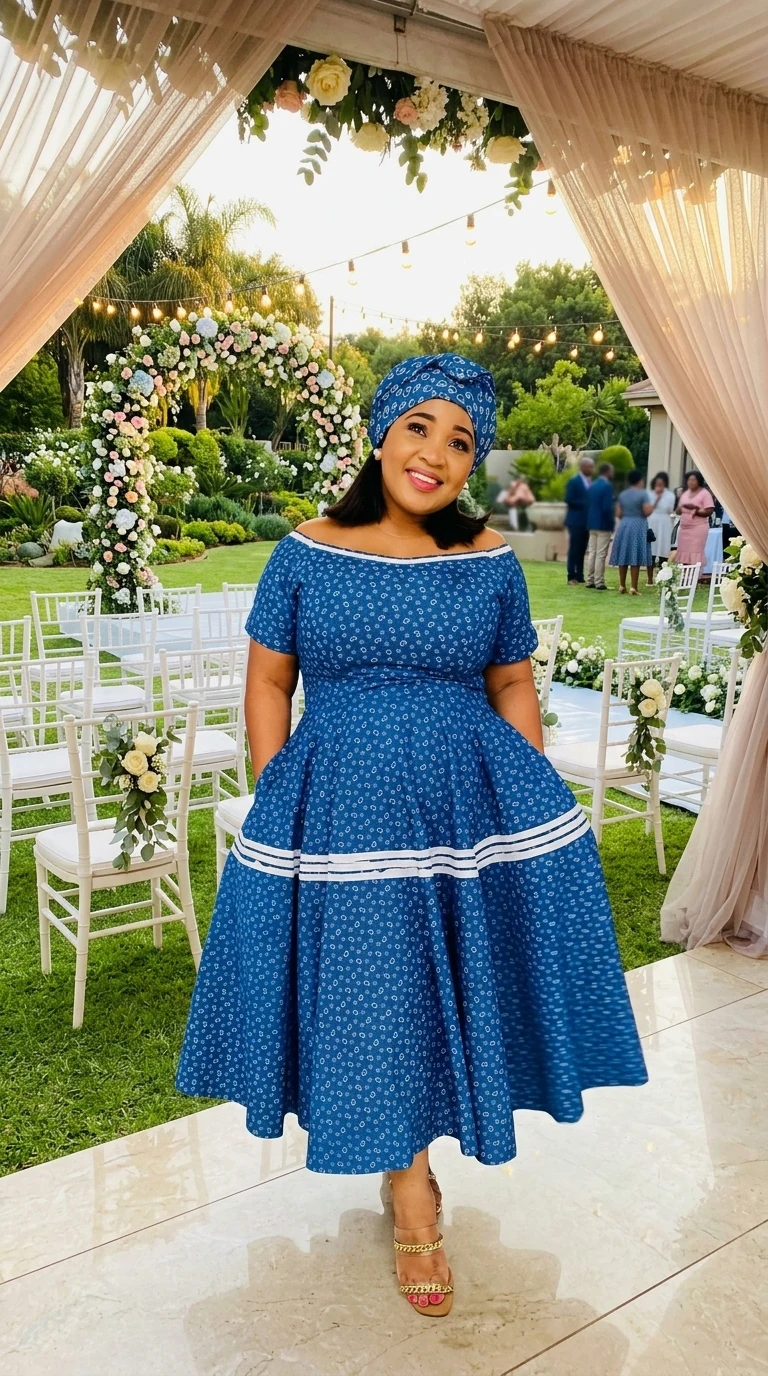 Custom off-shoulder gown at wedding venue